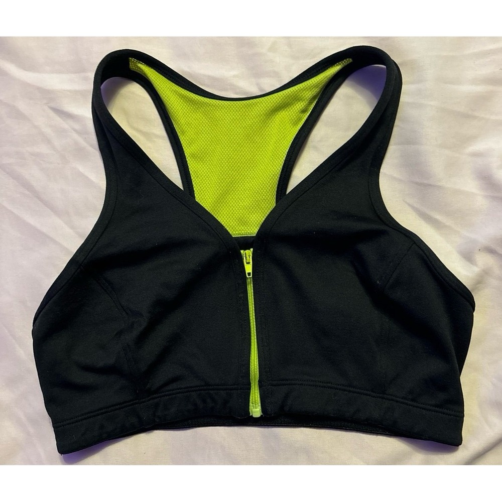 Women's Black &‎ Neon Front Zip Low Impact Sports Bra, Size Medium